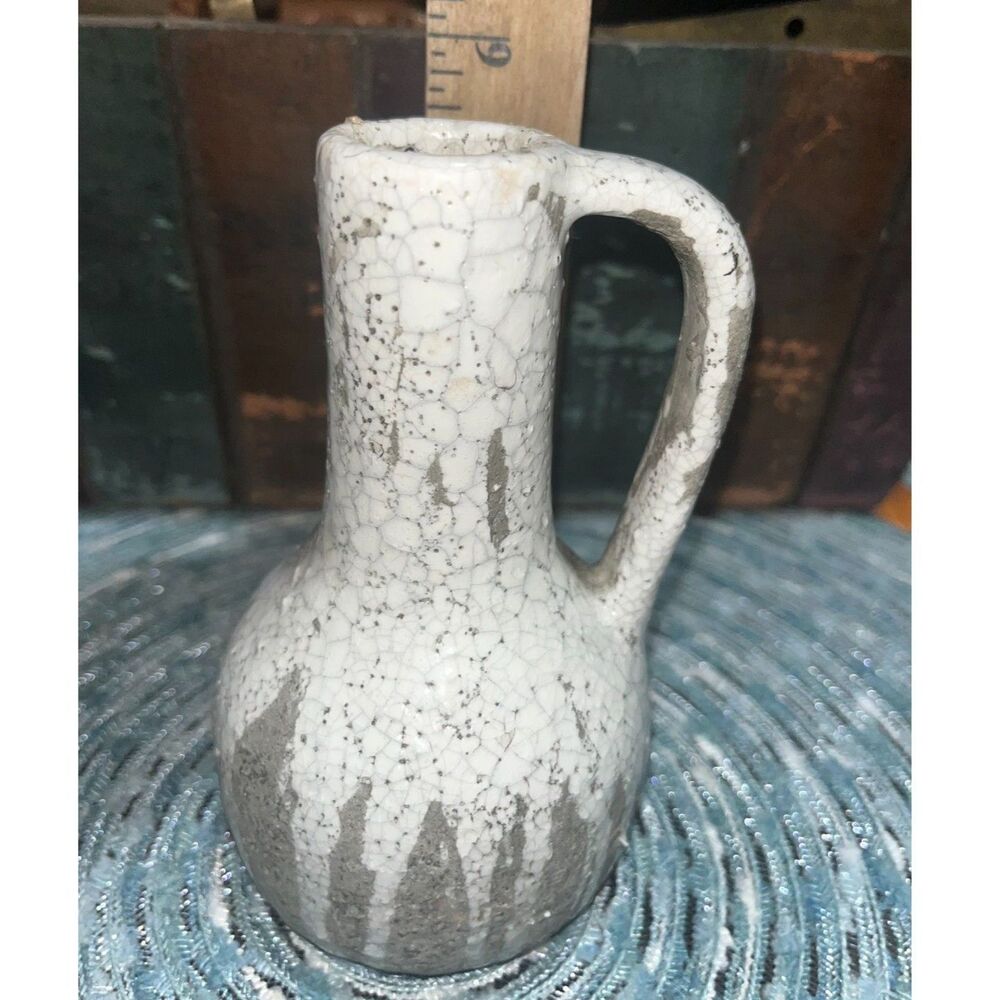 Gray and White Crackled Drip Pottery Mid Century Modern Handle Vase Farmhouse - Picture 6 of 7